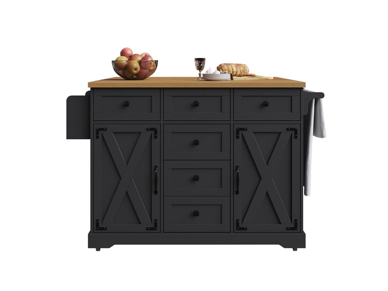  Desserte de cuisine pliante avec plateau bois noir, rangements intégrés et roulettes – mobile et pratique  - Conforama A