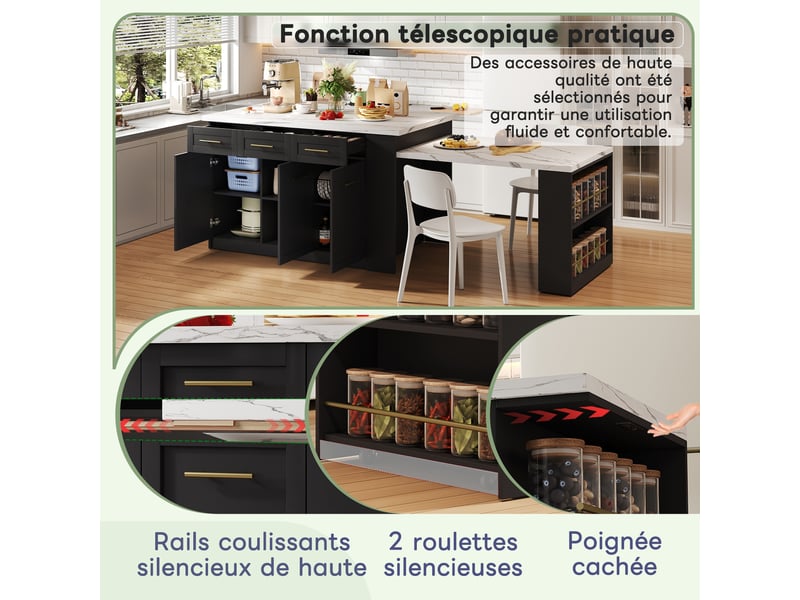  Table bar pivotante 360° haute meuble bar comptoir rangement îlot cuisine 3 portes 3 tiroirs et étagères cloisons réglables  - Conforama D