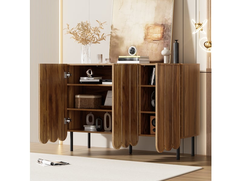  Buffet bas moderne en mdf décor noyer – portes ondulées sans poignées, 120 x 35 x 80 cm  - Conforama E
