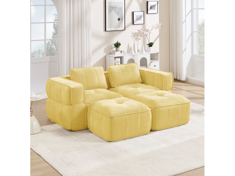  Canapé modulaire 2 places avec deux poufs, assise profonde et mousse 32d, sans montage, en polyester jaune  - Conforama B