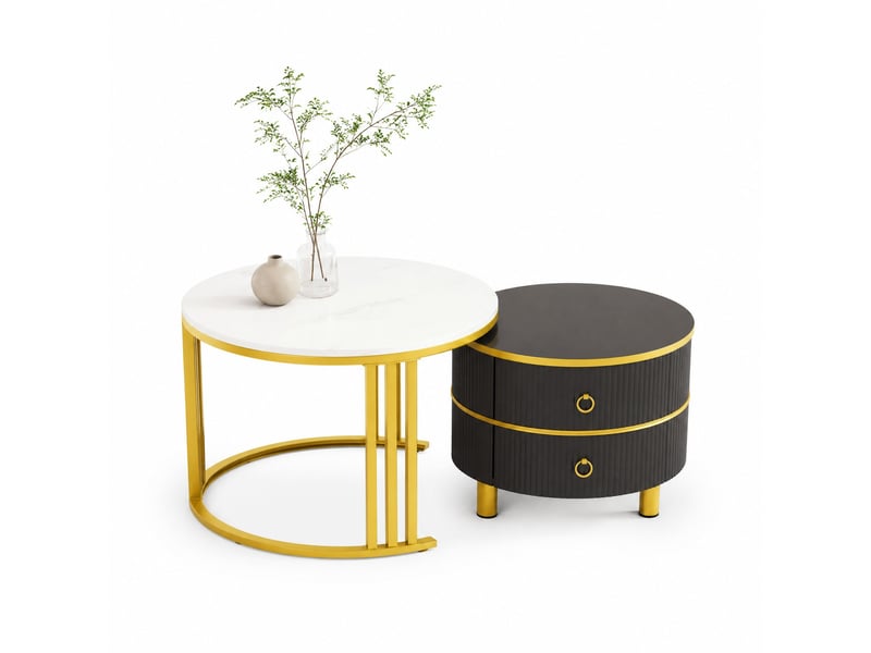  Tables basses gigognes rondes avec 2 tiroirs et plateau brillant effet marbre, pour salon, mdf, 70 x 70 x 46 cm, noir  - Conforama A