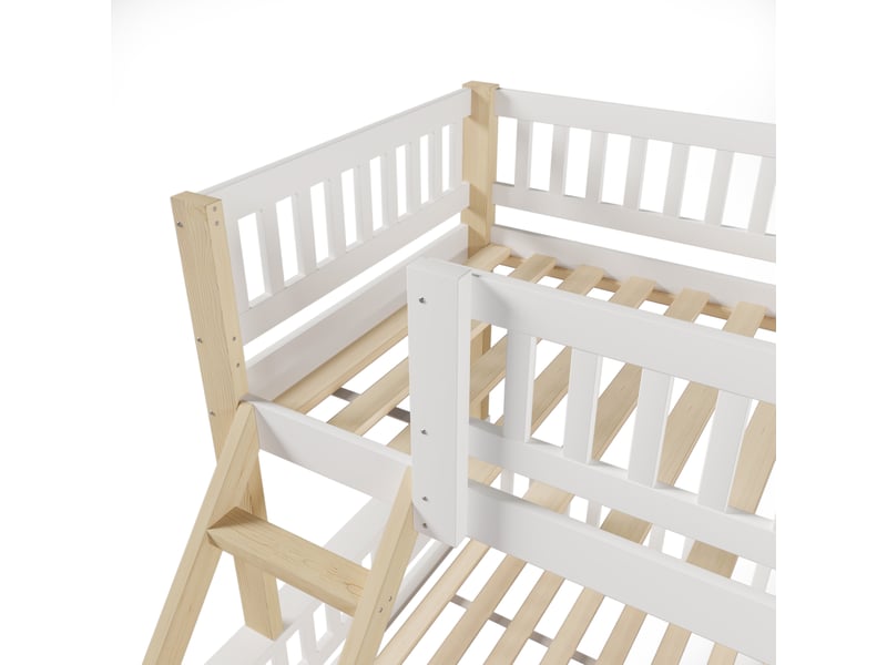 Lit superposé pour enfant - 90x200 cm + 140x200 cm - blanc + naturel - pin - échelle intégrée - barrière de sécurité - Conforama W