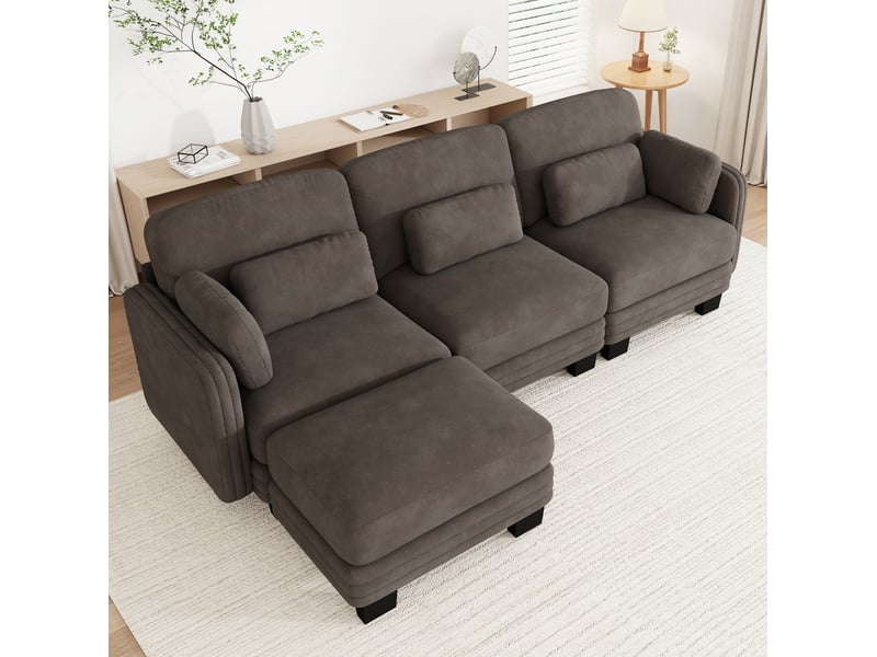  Canapé modulable d'angle 3 places 253x143x88 cm avec pouf en chenille marron  - Conforama B