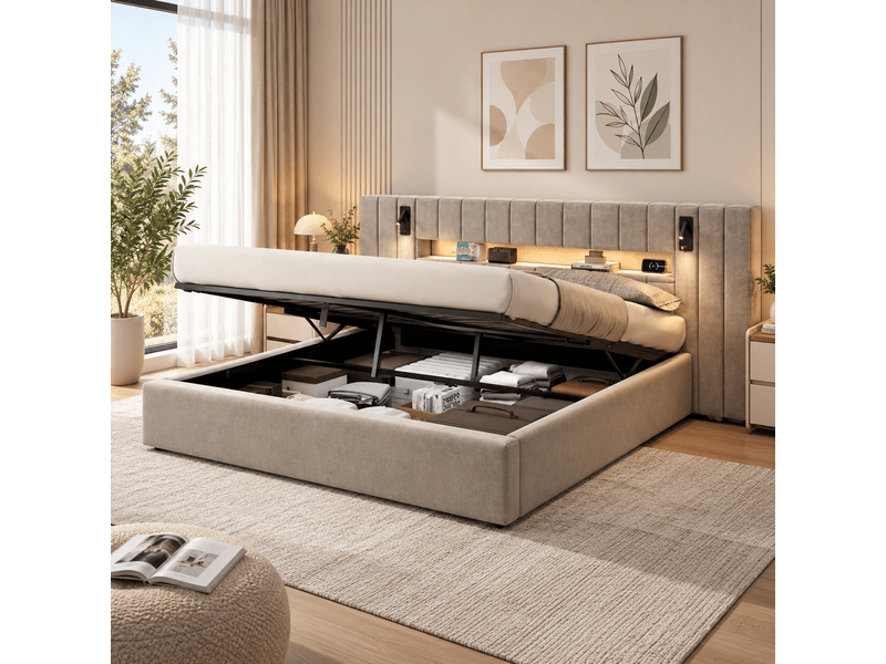  Lit coffre rembourré 180 x 200 cm, port usb, éclairage led, lampe de chevet, espace de rangement, velours, gris Bliss Lite - Conforama E