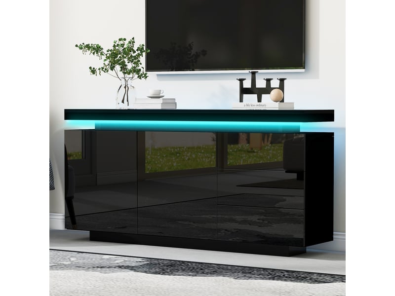  Buffet noir brillant avec led meuble de rangement 140 cm 2 portes 3 tiroirs design moderne sans poignée pour salon  - Conforama R