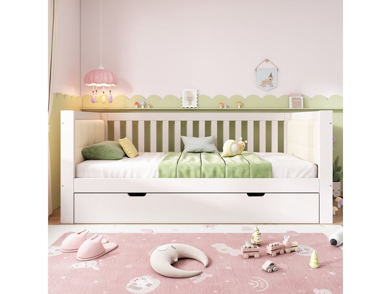  Modenvie lit gigogne 90x190 cm - en bois massif, avec dossier rembourré, sans matelas - blanc  - Conforama D