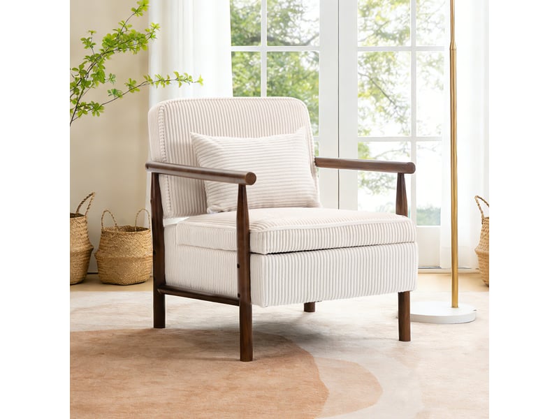  Fauteuil avec rangement et coussin lombaire, bois et velours blanc  - Conforama C