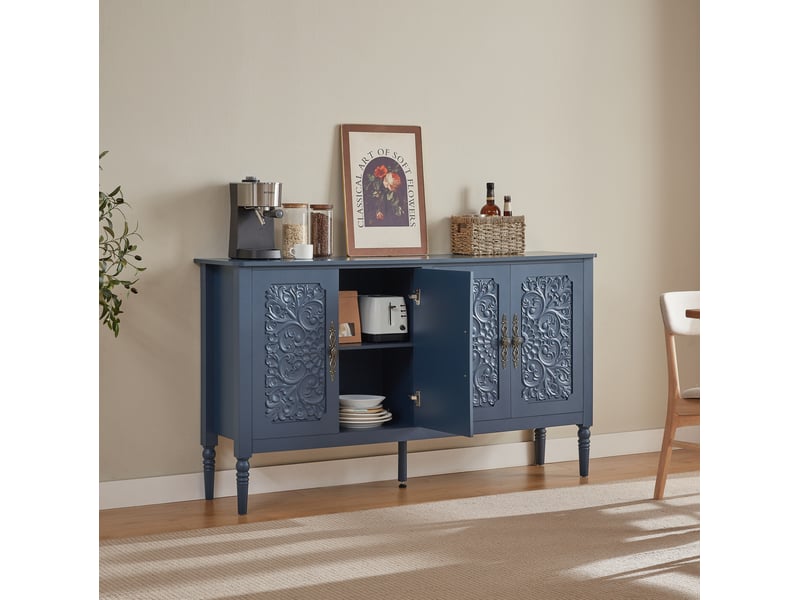 Buffet 160x40x89 cm bleu marine en panneau de particules et métal, rangement vintage pour salle à manger  - Conforama B