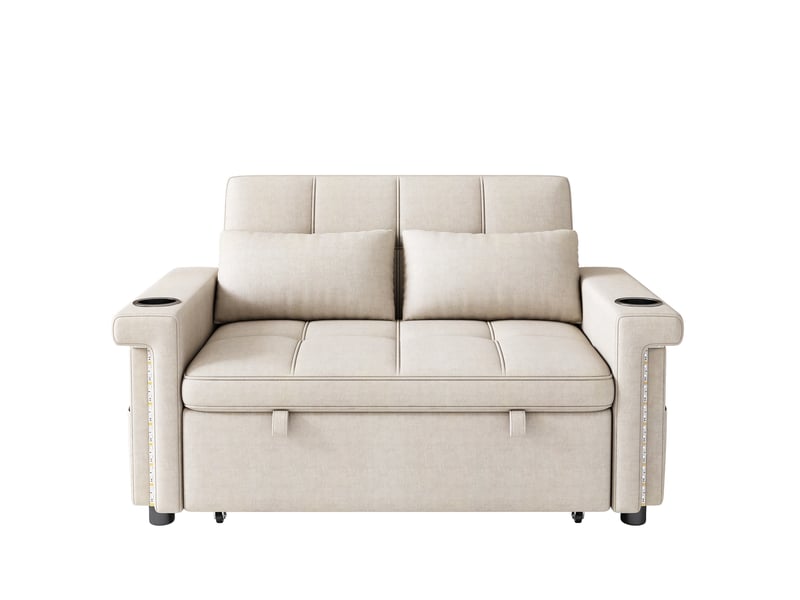  Canapé convertible 2 places avec dossier réglable, led, ports usb et usb-c, porte-gobelets et poches en chenille beige  - Conforama A