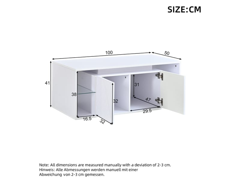  Table basse 100x50x41 cm avec led et rangement, table de salon, pour le salon, panneau de particules, couleur blanche  - Conforama C