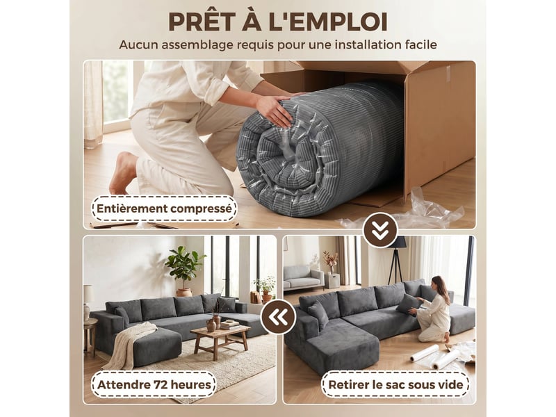  Canapé modulaire en u 4 places, 2 méridiennes, canapé 2 places, 6 coussins, sans montage, gris, 369 x 152 x 78 cm  - Conforama W