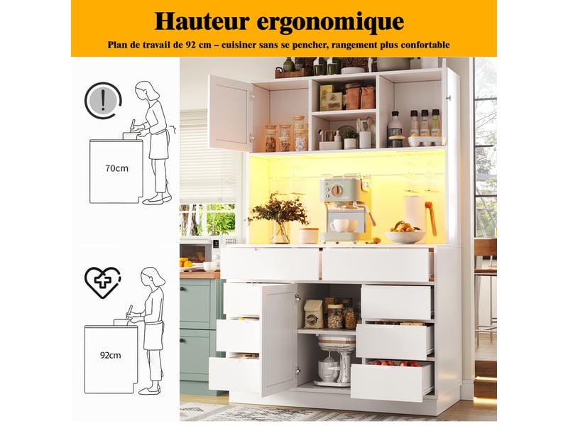Meuble de cuisine muvano blanc, armoire de cuisine avec 8 tiroirs, led, 120 × 40 × 183,5 cm - Conforama W