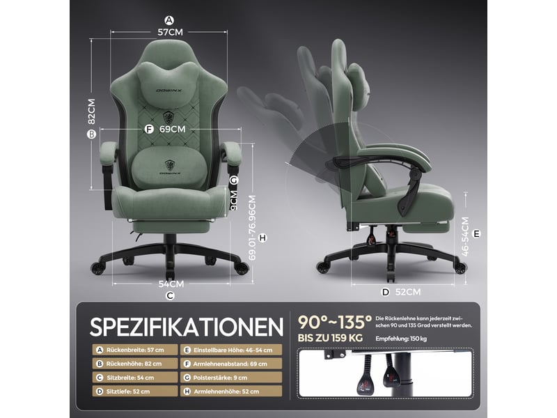  Fauteuil de bureau et gaming ergonomique – modèle large – fonction chauffage et massage – soutien lombaire – accoudoirs – repose-pieds – vert  - Conforama E