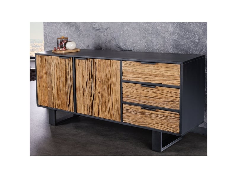 Buffet rafta 150 cm en bois massif de teck et manguier – 2 portes, 3 tiroirs et structure noire - Conforama B