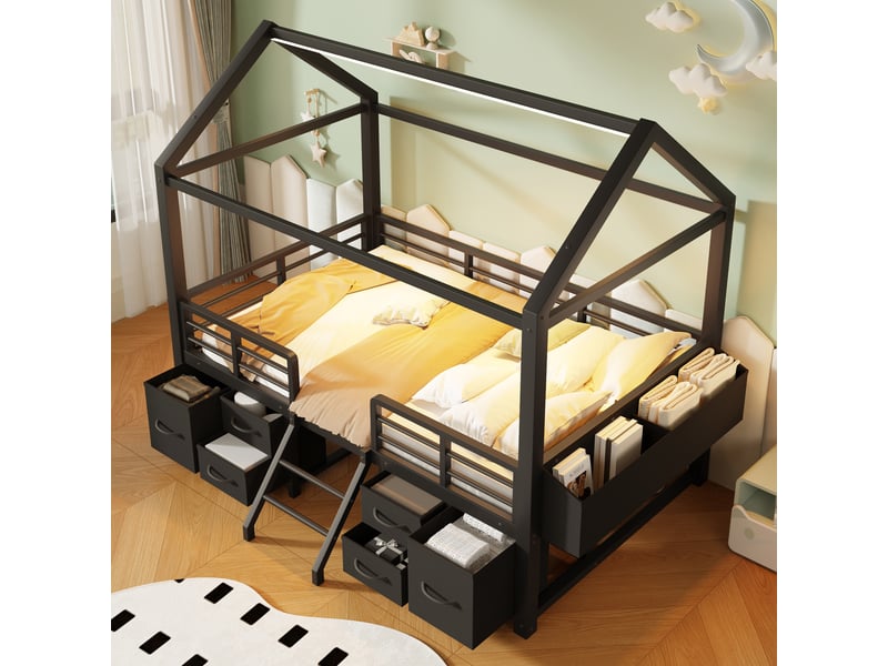  Lit mezzanine enfant 90x200 cm avec toit de cabane et led, lit surélevé avec plusieurs tiroirs en tissu et rangement au pied, structure en métal, noir Seren Glow - Conforama E