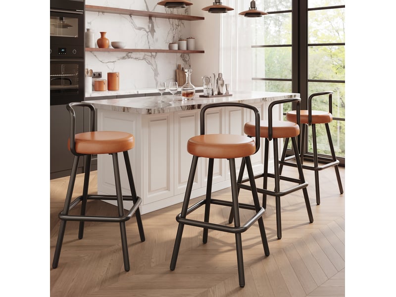  Tabouret de bar avec dossier ergonomique, repose-pieds et assise rembourrée, en pu cuir marron 37 × 37 × 90,5 cm  - Conforama C