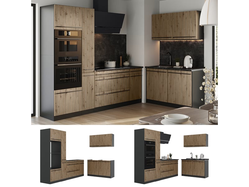  Vicco cuisine en angle, chêne artisananthracite, 230 x 120 cm plan de travail chêne doré  - Conforama D