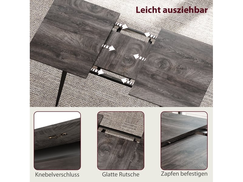 Table extensible pour 6 à 8 personnes avec rallonge intégrée, pieds réglables en acier, gris, 160 × 75 × 77 cm - Conforama E