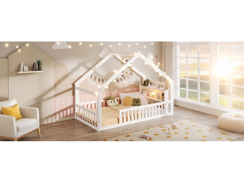 Lit cabane enfant 90 x 190 cm avec barrières latérales et éclairage led, structure en pin avec sommier à lattes, pin, blanc Morn Vibe - Conforama B