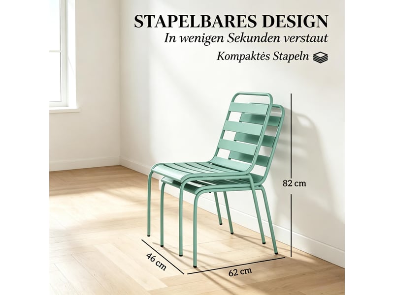  Chaise de jardin empilable lot de 2 avec patins réglables - lpospi - structure stable, acier pour extérieur - vert  - Conforama D