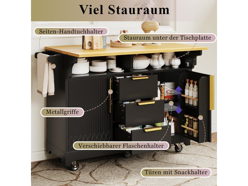  Îlot de cuisine sur roulettes avec plateau rabattable et 3 tiroirs noir l 120 cm N620CC260807S - Conforama E