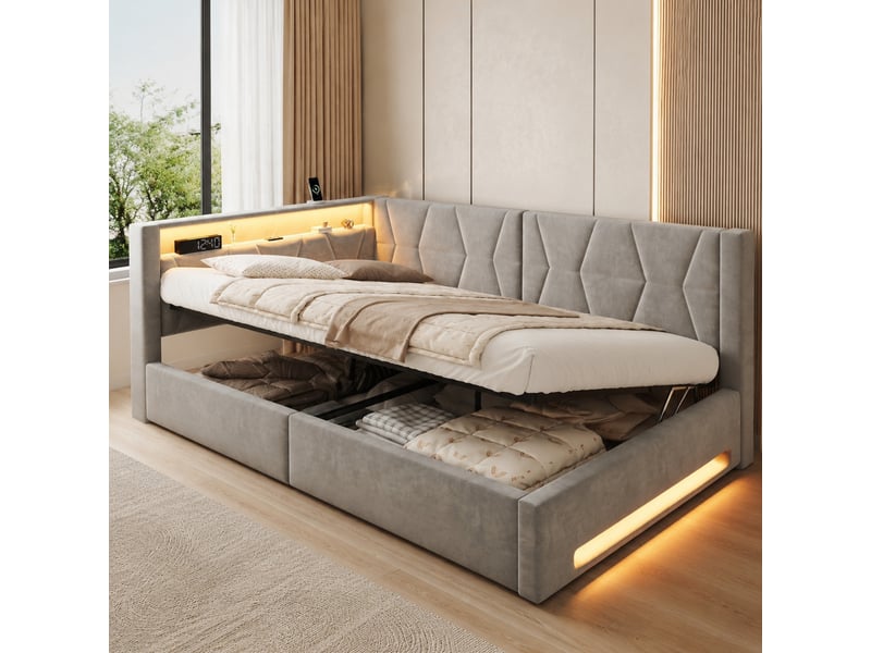  Lit coffre double 140×200 cm avec led, usb et type-c - okmyhome- en velours gris foncé, sans matelas  - Conforama B