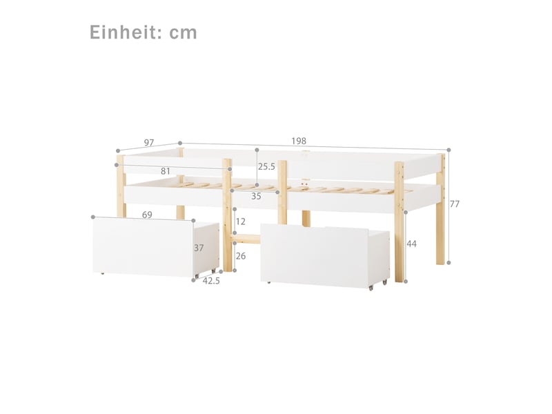  Lit semi-hauteur enfant avec tiroirs et barrière de sécurité 90 x 190 cm blanc et chêne  - Conforama E