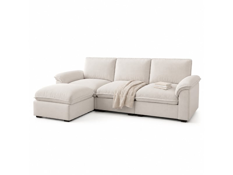 Canapé d’angle modulable 4 places avec méridienne - coussins ergonomiques, chenille - beige - Conforama A