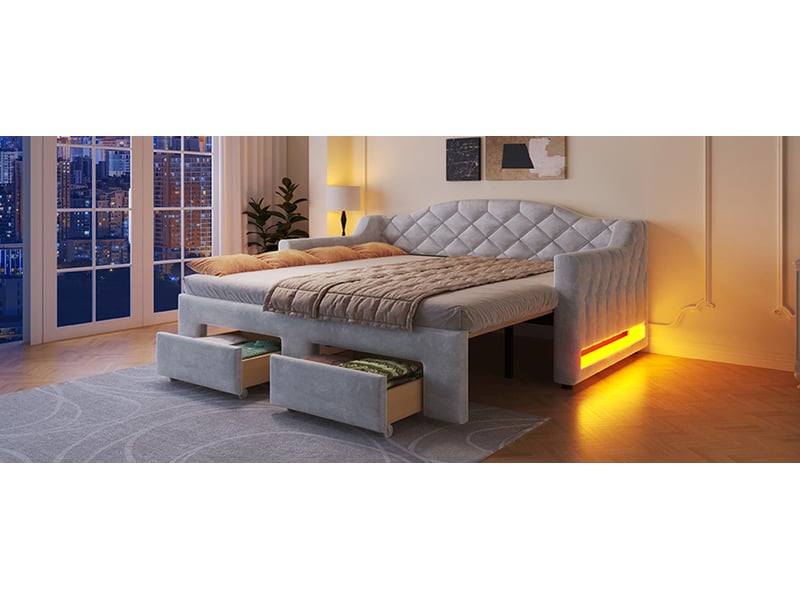  Lit banquette extensible 90 à 180 × 200 cm, 2 tiroirs et led, gris  - Conforama B