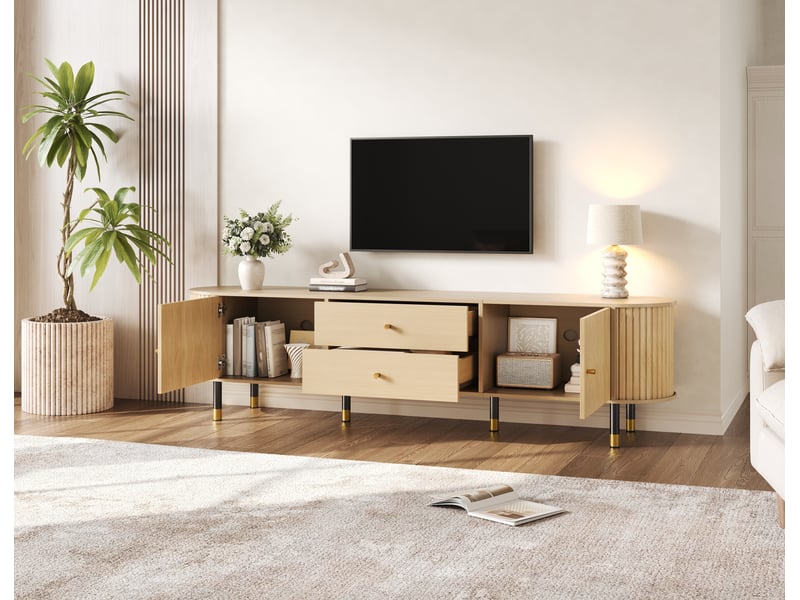  Meuble tv 180 cm pour écran 75 pouces, 2 tiroirs, 2 portes coulissantes, bois naturel  - Conforama D