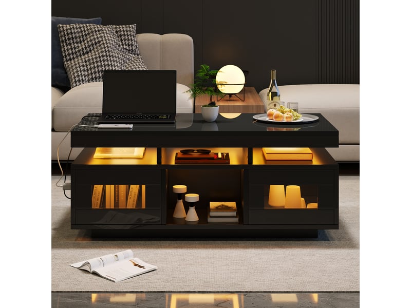  Table basse noire brillante avec led rgb - prises usb rangement 100x50x43cm  - Conforama D