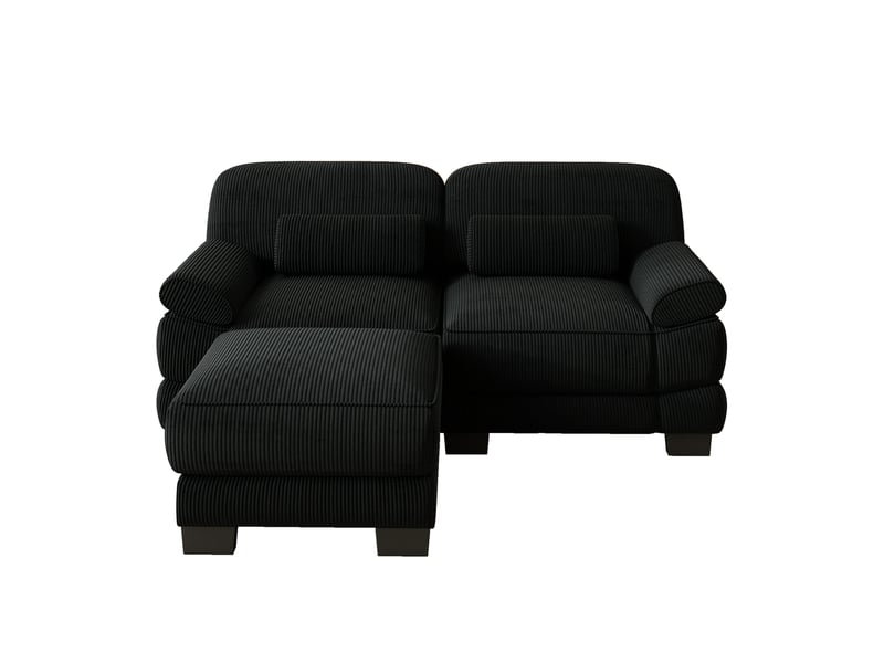  Canapé d'angle modulable 2 places en velours côtelé noir, avec pouf, assise profonde, coussin lombaire, 194×161×94 cm  - Conforama A