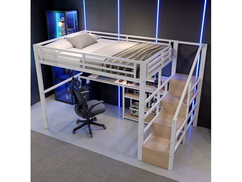  Lit mezzanine 140x200 cm, escalier de rangement, tablette, usb-c, led multicolore, métal et mdf, blanc, sans matelas  - Conforama E