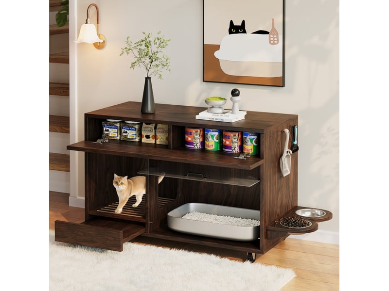  Meuble litière mobile décor bois foncé 100 cm avec 2 gamelles, tiroirs et plateau récupérateur amovible pratique  - Conforama E