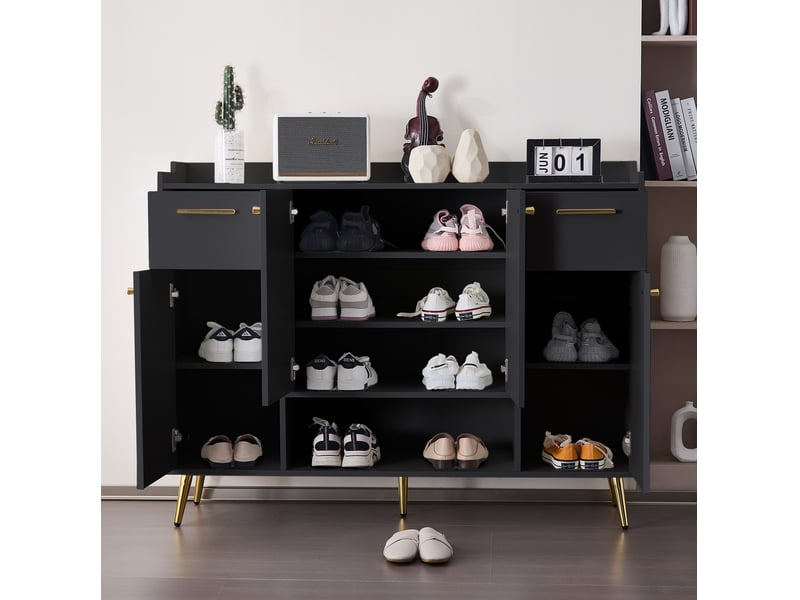  Meuble à chaussures 130x37x100 cm – noir – 2 tiroirs, 4 portes et rangement ouvert pour entrée moderne  - Conforama E