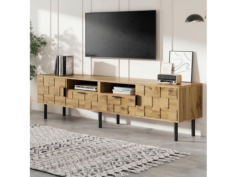  Meuble tv modenvie à motif mosaïque 160 x 35 x 42,5 cm avec 2 portes, 2 tiroirs et rangements ouverts naturel et noir  - Conforama B