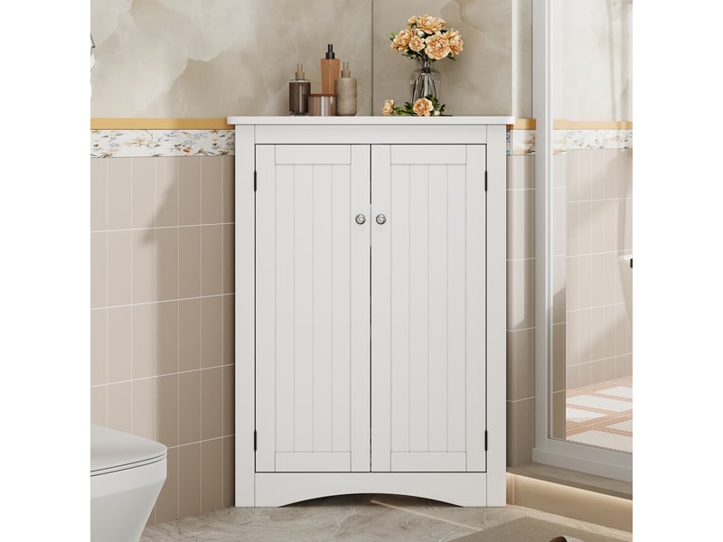 Meuble d’angle sdb blanc 62 × 80 cm, 2 portes, 3 niveaux, gain de place - Conforama B