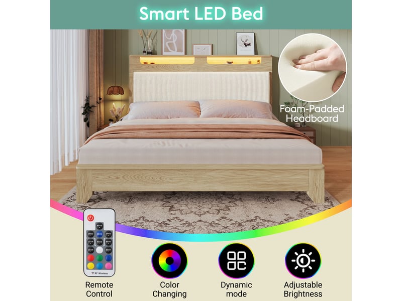  Lit double 140x200 cm en bois, tête de lit avec rangement et led, rembourrage en velours côtelé beige, finition chêne clair  - Conforama E