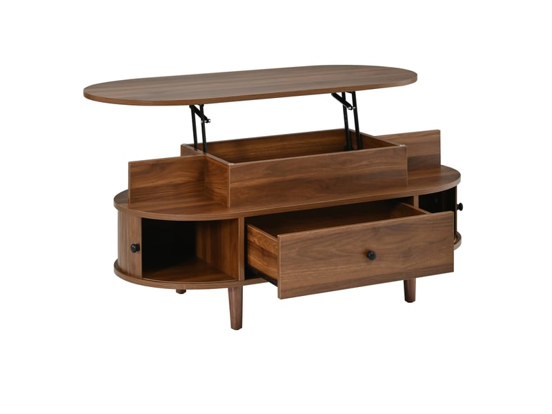 Table basse ovale 105x50 cm noyer mdf, plateau relevable hydraulique avec rangements et portes coulissantes - Conforama D
