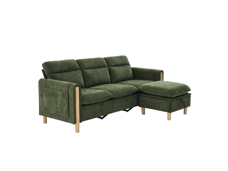 Canapé d’angle modulable 3 places 201x77x86 cm, méridienne réversible avec coffre, poches latérales, pieds en bois, style scandinave, chenille verte - Conforama A