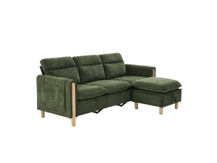 Canapé d’angle modulable 3 places 201x77x86 cm, méridienne réversible avec coffre, poches latérales, pieds en bois, style scandinave, chenille verte