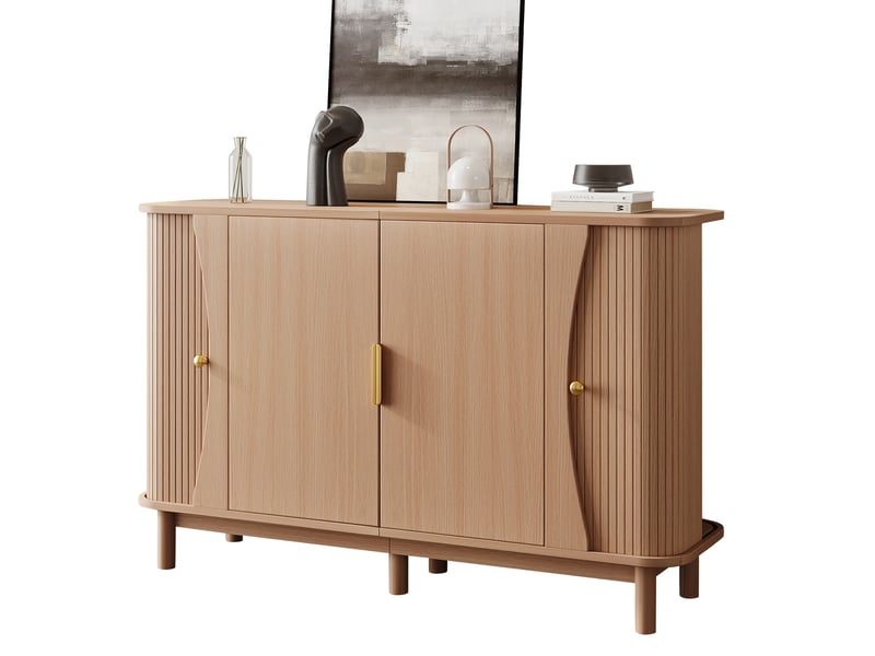  Buffet - 140x40x88cm - buffet basse de salon avec 2 portes battantes &amp; 2 portes coulissantes côtelées - bois naturel  - Conforama A