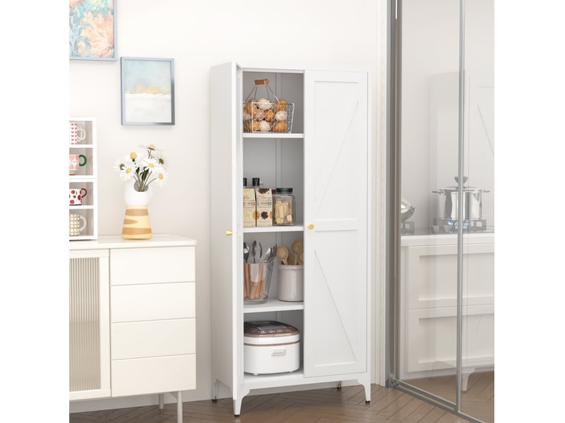  Buffet haut de rangement 35x70x165 cm, 2 portes avec tablettes réglables en métal, meuble de rangement, coloris blanc  - Conforama B