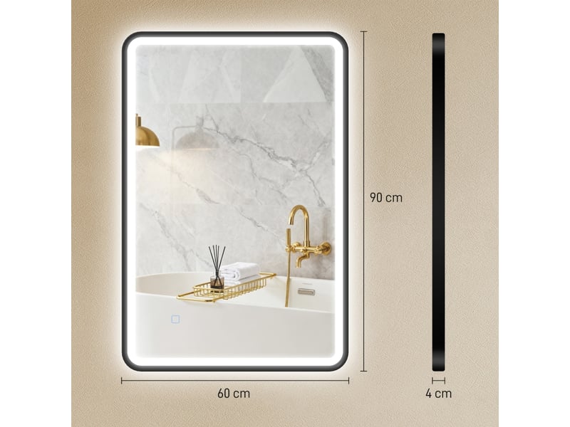  Miroir led salle de bains noir 90 x 60 cm, éclairage réglable  - Conforama D