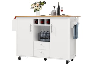 Desserte cuisine, îlot central sur roulettes avec plan de travail, plateau extensible, pivotant à 360°, dimensions 137,9 x 73 x 92,5 cm, mdf, blanc
