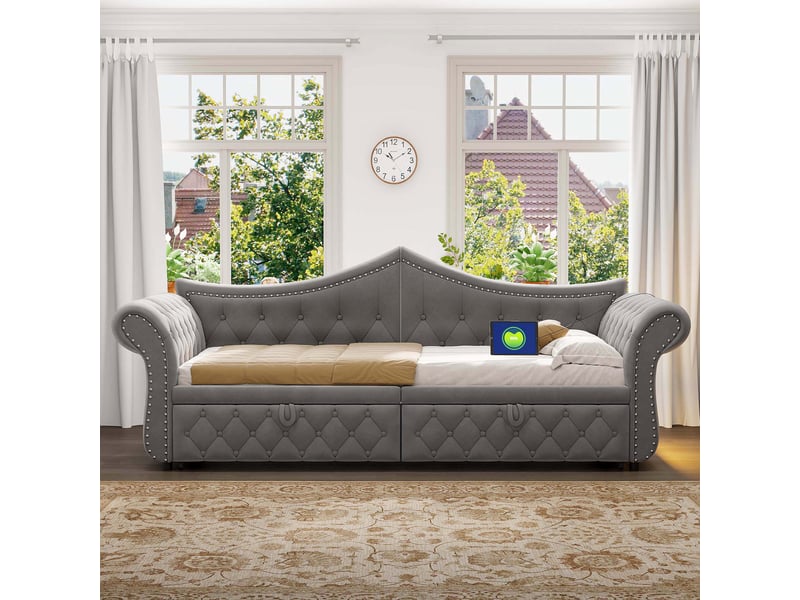 Canapé-lit rembourré 90 x 200 cm – avec port de charge usb – avec éclairage led – avec lit gigogne – gris (matelas non inclus) - Conforama R