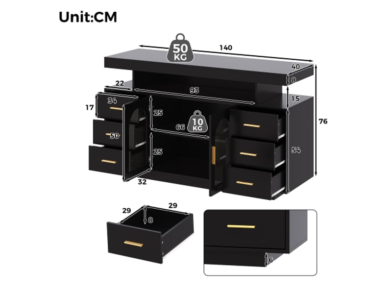 Buffet bar à vin 140x40x76 cm avec 6 tiroirs et 2 portes, éclairage led rgb, en mdf couleur noir, moderne - Conforama C