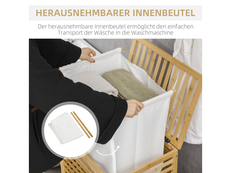  Panier à linge en bambou de 55 l avec couvercle et sac amovible, 50 x 36 x 60 cm, bois naturel  - Conforama E