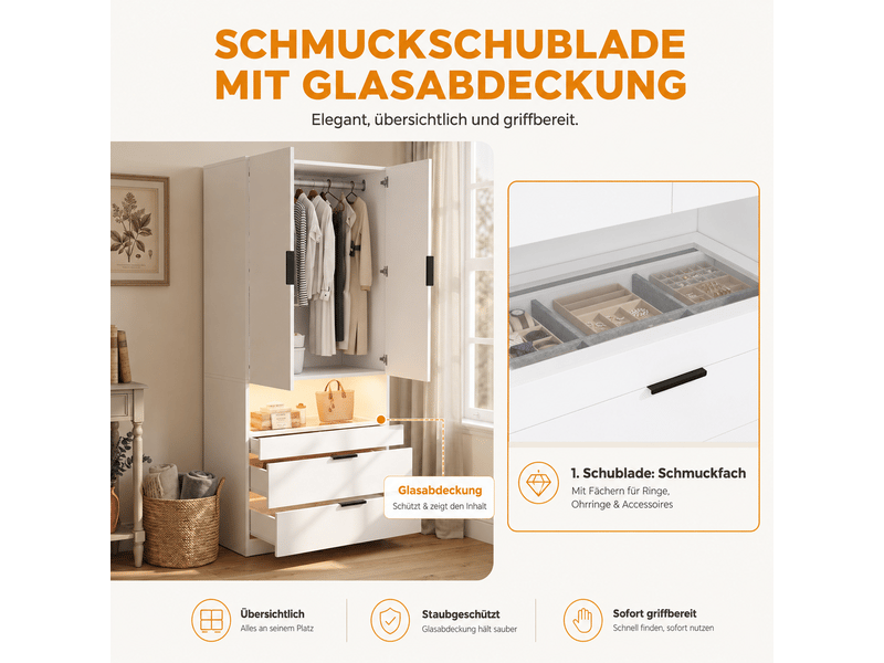  Armoire dressing 90 x 50 x 200 cm, led, tiroir à bijoux, tringle, plateau vitré et 3 tiroirs, blanc ABC - Conforama D