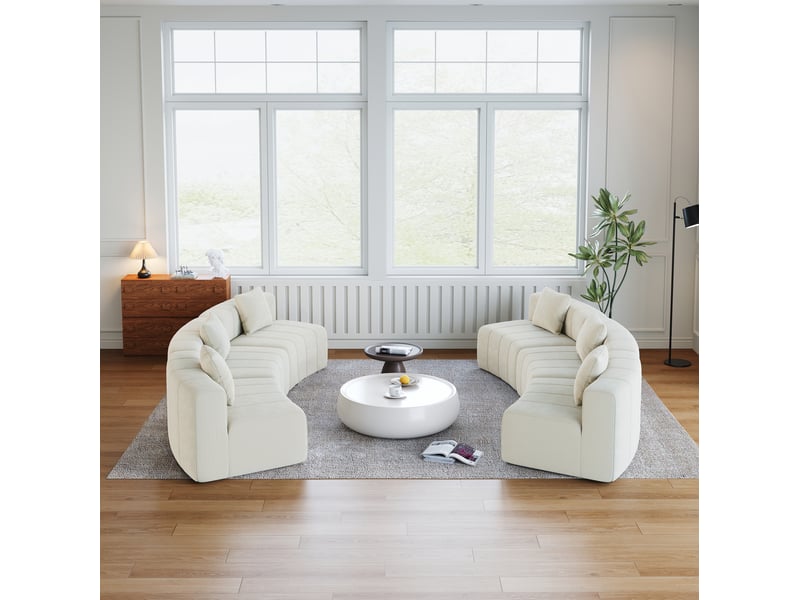  Canapé modulable tcqpz 6 places semi-circulaire en chenille beige 444,5 x 222 x 73,6 cm  - Conforama D